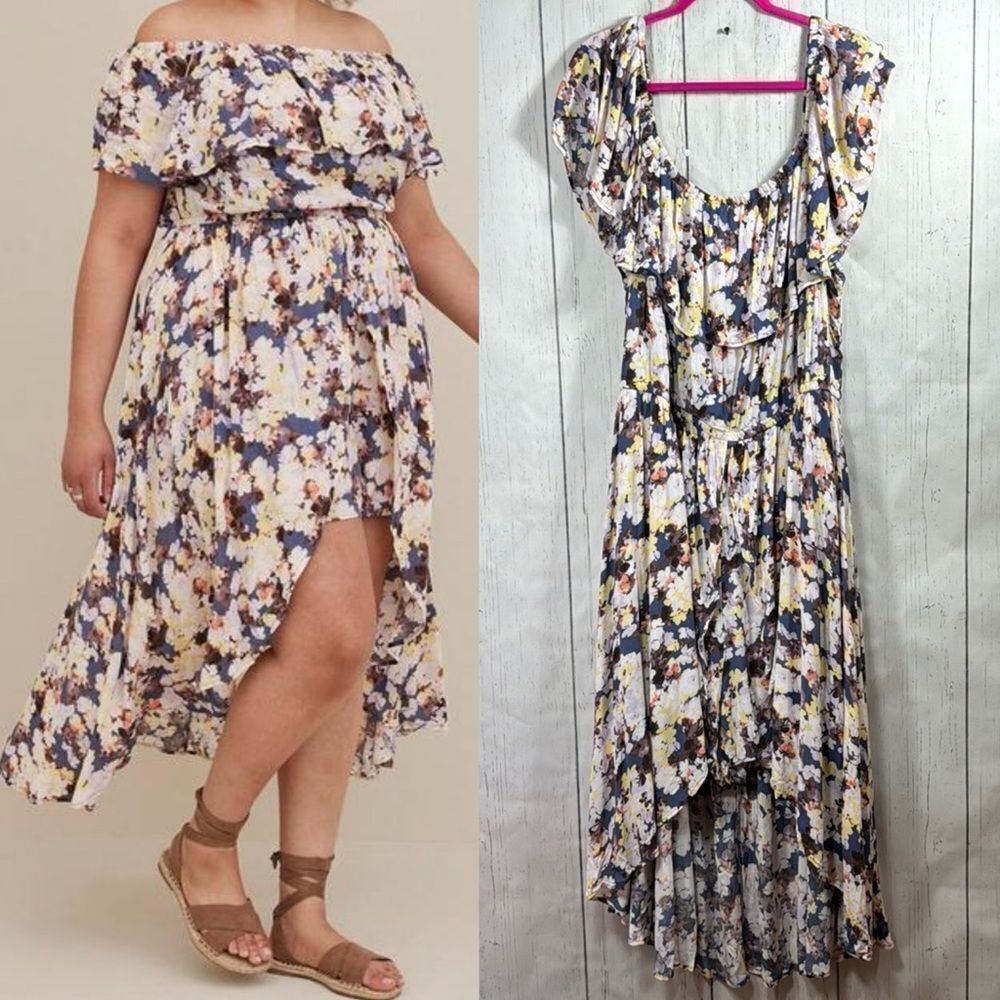 Torrid Plus Off The ShoulderWalk Through Floral Ruffle Hi Low Hem Midi Dress